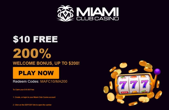 Miami Club Casino $10 No Deposit Bonus + 200% Match worth $200