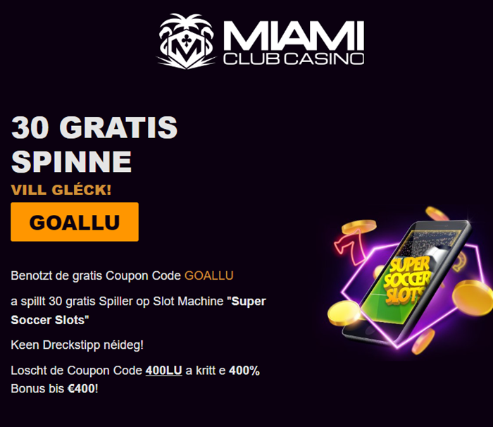 Miami Club Casino LUX: 30 Free Spins Super Soccer Slots – No Deposit Bonus