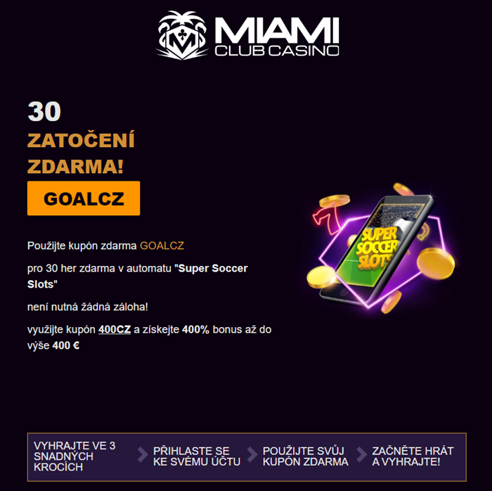 Miami Club Casino Czech: 30 Free Spins on Super Soccer Slots – No Deposit Bonus (CZ)