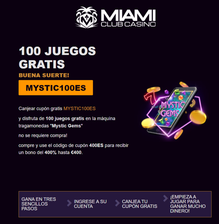 Miami Club Spain 100 Free Spins Mystic Gems – No Deposit Bonus