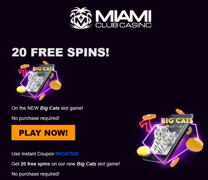 Miami Club Casino 20 Free Spins No Deposit Bonus on Big Cats + Slot Review